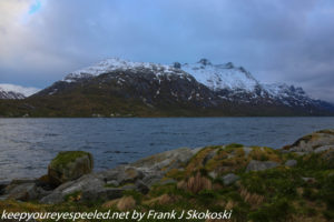 snow-capped mountians near fjord 